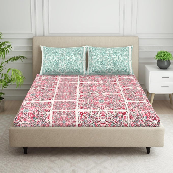 100% COTTON DOUBLE BEDSHEET WITH 2 PILLOW COVERS (SIZE 88 X 100 INCH) | 132 TC BED SHEET FOR DOUBLE BED | BREATHABLE PURE COTTON QUEEN SIZE BEDSHEET | BOLDBOHO | ORNATE DARK ORANGE