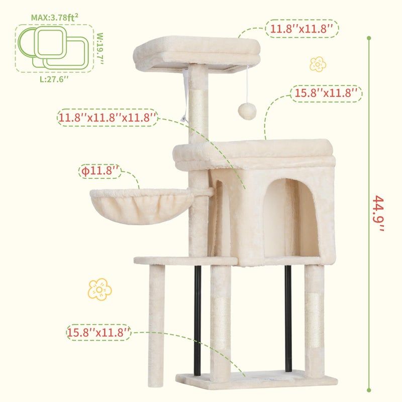 Hey-brother Cat Tree Tower, Scratching Posts with Cozy Condo, Padded Bed, Hammock, Plush Perch, Sisal Post and Ball for Indoor Kittens, 44.9 Inches, Beige MPJ009SM - Image 5