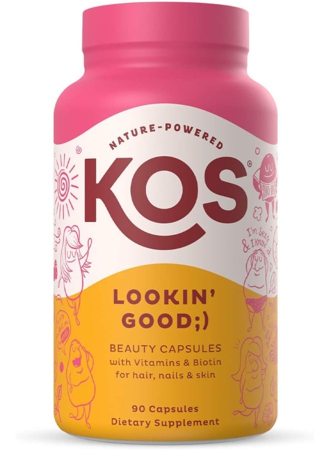 كيه أو إس كبسولات دعم الشعر والأظافر والبشرة من لوكين جود - 45 ميكروجرام من البيوتين والكولاجين النباتي مع فيتامين C وD وE لشعر وأظافر مشرقة - 90 كبسولة 90