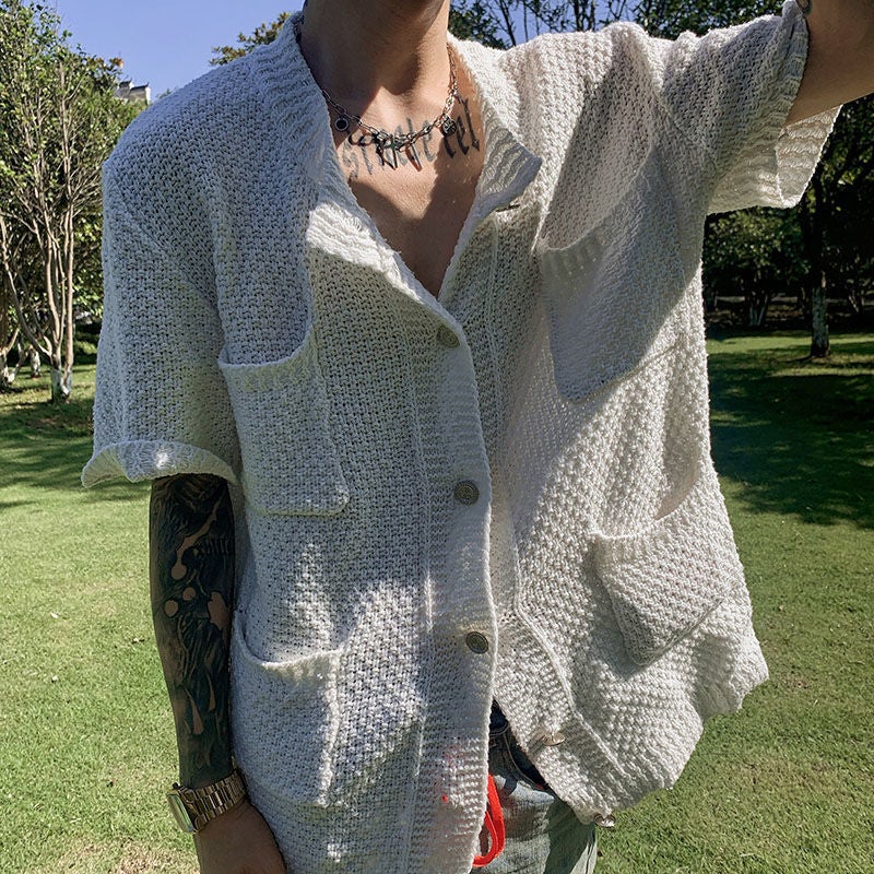 Cardigan short sleeve autumn knitted sweater mens 2023 new trendy solid color simple Slimming niche design thin coat White