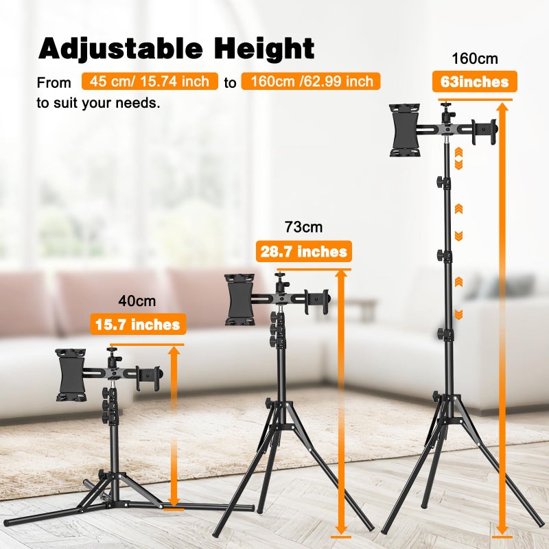 Baishun Tripod Stand for Tablet Camera Phone, 63-inch Height Adjustable iPad Mount Holder, 360Â° Rotating Tablet Tripod with 2 Holders for 4.7-12.9 inch iPad Pro/iPhone, 1/4 inch Interface for Camera/Light/Mic - Image 4