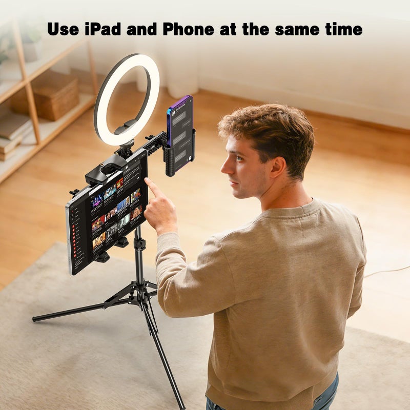 Baishun Tripod Stand for Tablet Camera Phone, 63-inch Height Adjustable iPad Mount Holder, 360Â° Rotating Tablet Tripod with 2 Holders for 4.7-12.9 inch iPad Pro/iPhone, 1/4 inch Interface for Camera/Light/Mic - Image 3