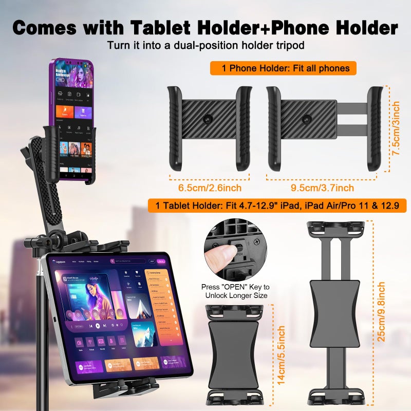 Baishun Tripod Stand for Tablet Camera Phone, 63-inch Height Adjustable iPad Mount Holder, 360Â° Rotating Tablet Tripod with 2 Holders for 4.7-12.9 inch iPad Pro/iPhone, 1/4 inch Interface for Camera/Light/Mic - Image 2
