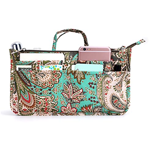 BTSKY New Printing Handbag Organizers Inside Purse InsertHigh Capacity 13 Pockets Bag Tote Organizer with Handle Peacock Flower - Image 1