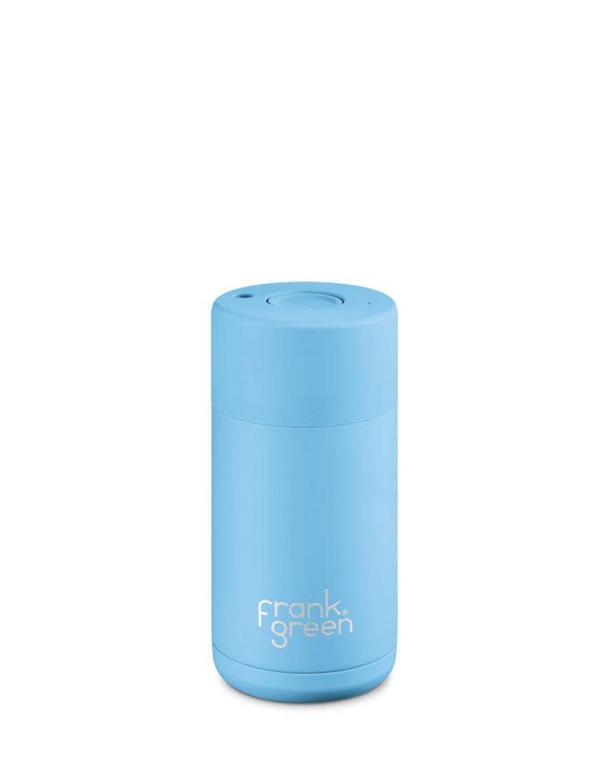 CERAMIC REUSABLE CUP TRAVEL COFFEE MUG STAINLESS STEEL COFFEE CUP INSULATED TUMBLER PUSH BUTTON LID 12OZ SKY BLUE