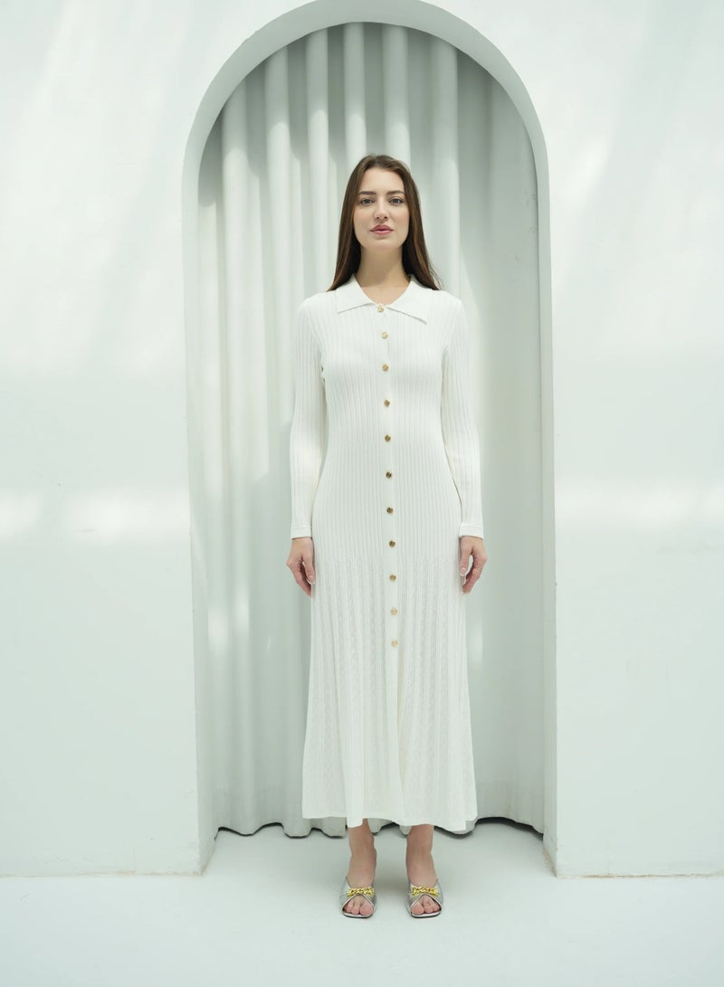 Andy 2331 | Chic Button-Front Ribbed Knit Maxi Dress with Classic Collar and Long Sleeves - Timeless and Versatile | White - Image 1