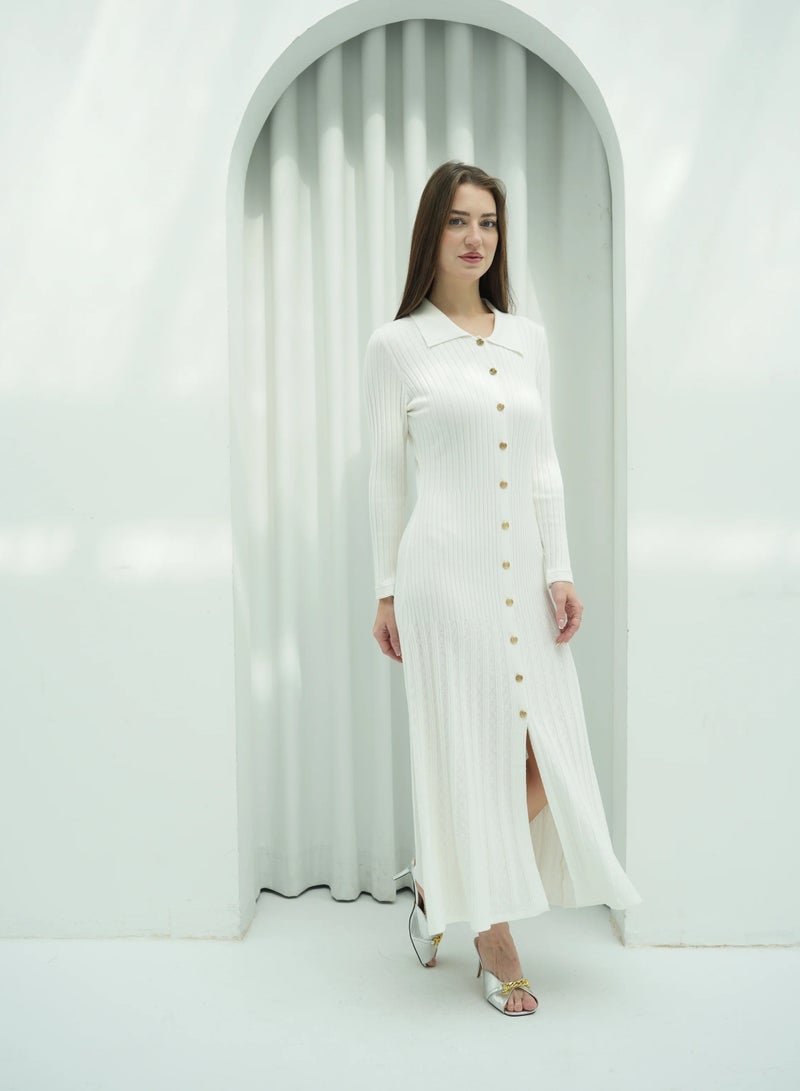 Andy 2331 | Chic Button-Front Ribbed Knit Maxi Dress with Classic Collar and Long Sleeves - Timeless and Versatile | White - Image 2