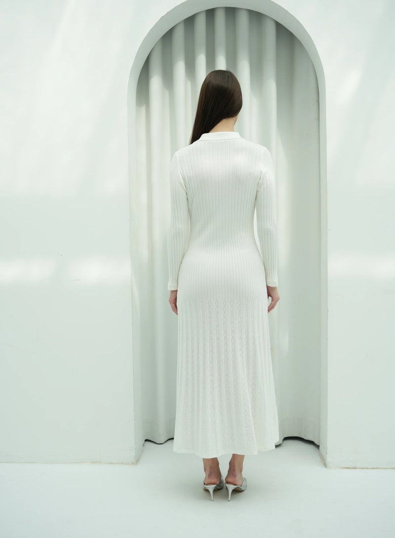 Andy 2331 | Chic Button-Front Ribbed Knit Maxi Dress with Classic Collar and Long Sleeves - Timeless and Versatile | White - Image 3