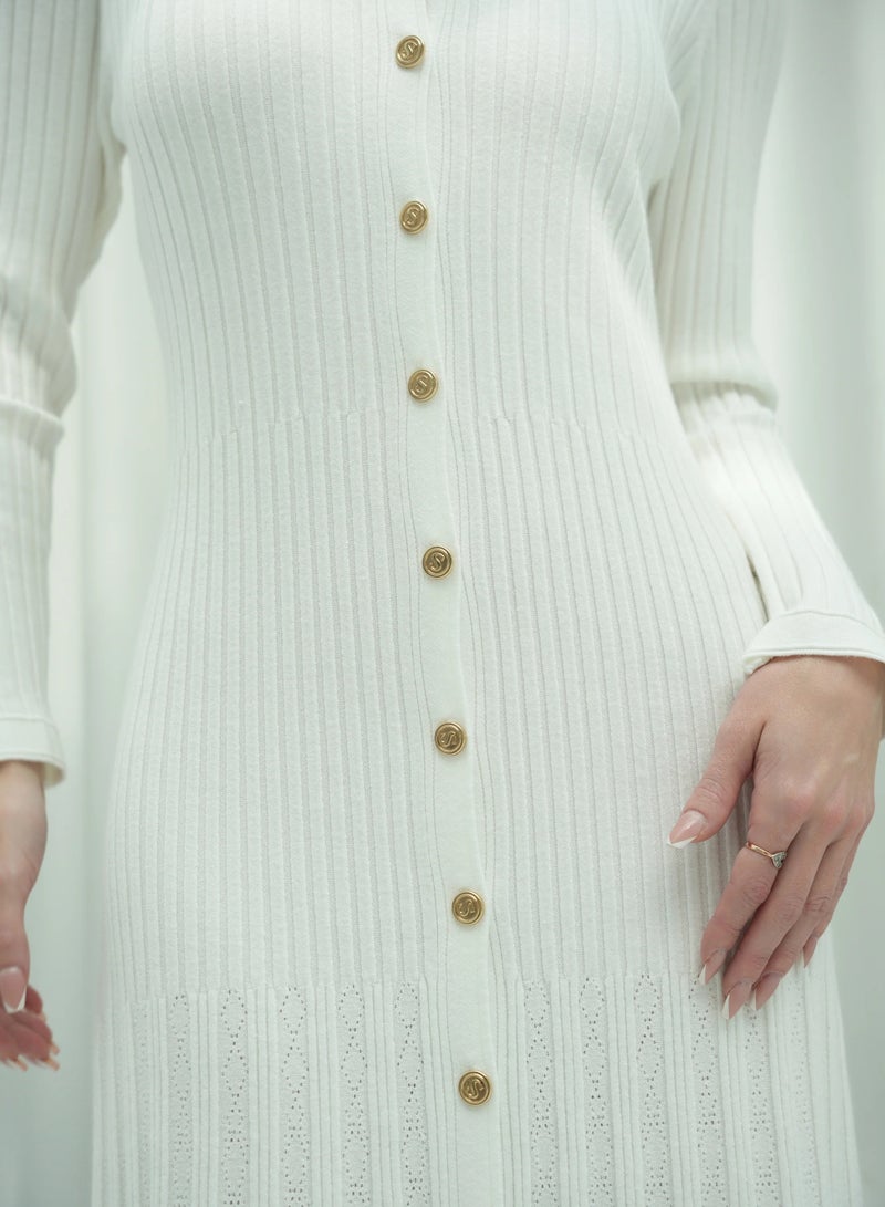 Andy 2331 | Chic Button-Front Ribbed Knit Maxi Dress with Classic Collar and Long Sleeves - Timeless and Versatile | White - Image 4