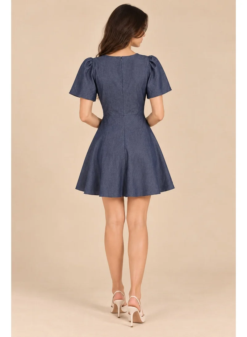 2Trendy Women's Navy Mini Dress with Puff Shoulders and Flared Skirt