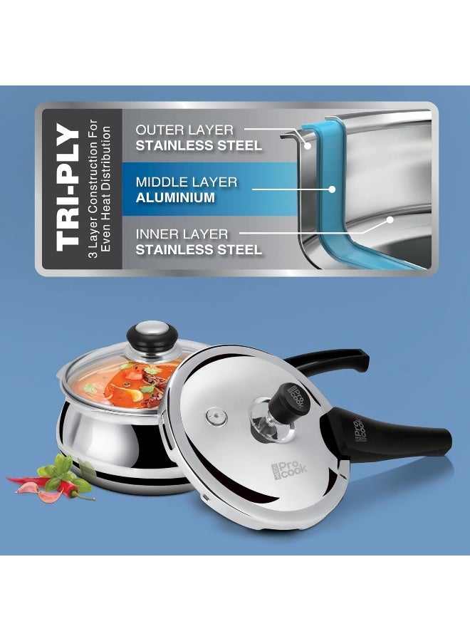 Milton Pro Cook Triply Stainless Steel Induction Curve Pressure Cooker With Outer & Glass Lid, 3.5 Litres, Silver, Gasket Release System Food Safe, Induction, Hot Plate, Flame Safe - Image 4