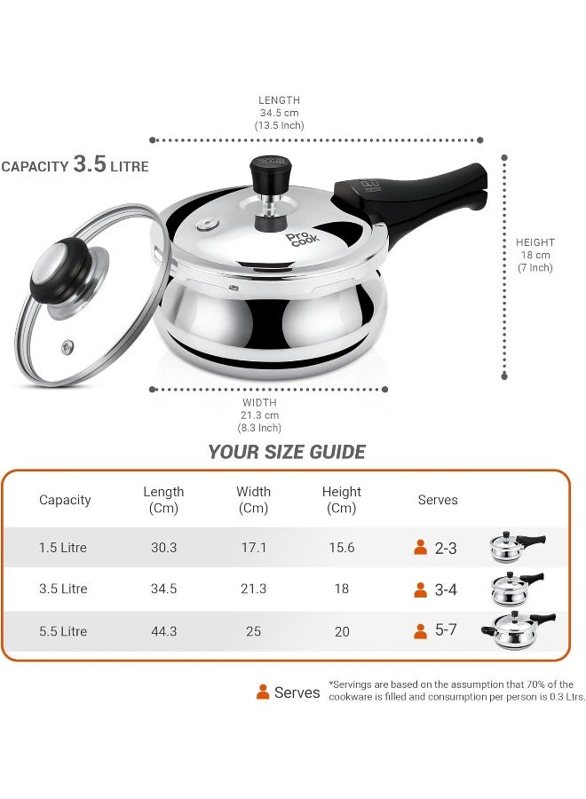Milton Pro Cook Triply Stainless Steel Induction Curve Pressure Cooker With Outer & Glass Lid, 3.5 Litres, Silver, Gasket Release System Food Safe, Induction, Hot Plate, Flame Safe - Image 5