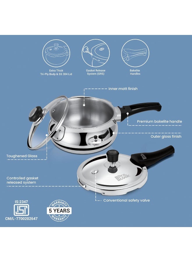Milton Pro Cook Triply Stainless Steel Induction Curve Pressure Cooker With Outer & Glass Lid, 3.5 Litres, Silver, Gasket Release System Food Safe, Induction, Hot Plate, Flame Safe - Image 3