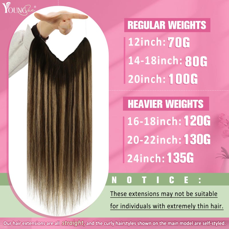 YoungSee Wire Hair Extensions Balayage Invisible Wire Hair Extensions Real Human Hair Chocolate Brown Mix Caramel Blonde Couture Hair Extension With Transparent Line 18In 85G - Image 2