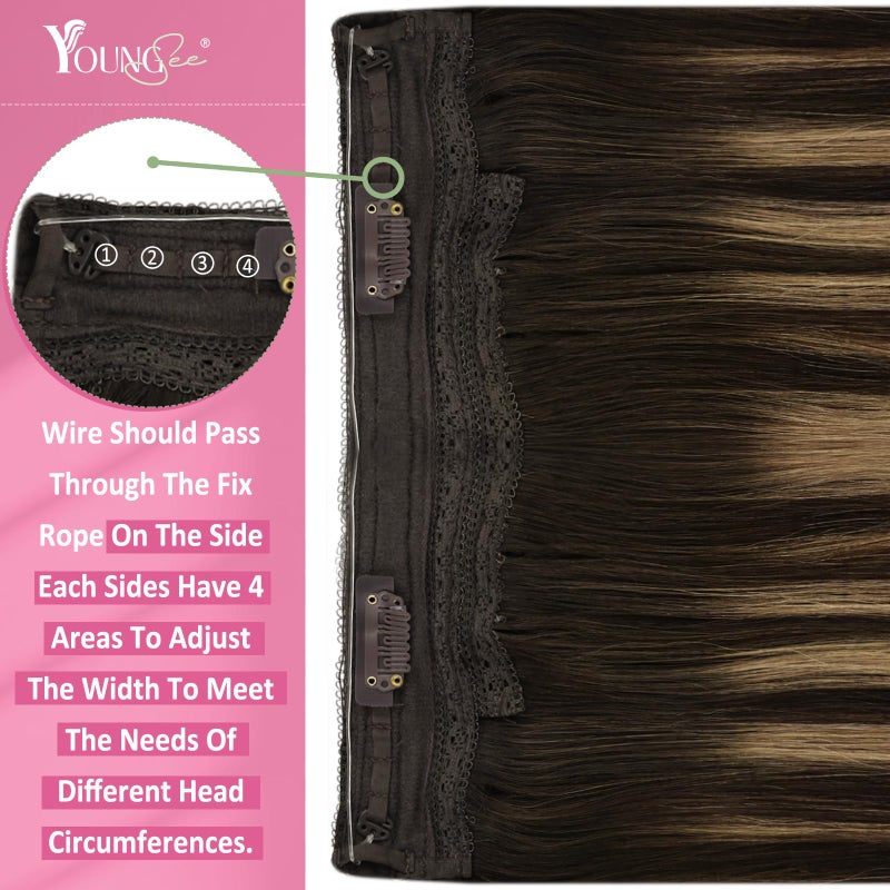 YoungSee Wire Hair Extensions Balayage Invisible Wire Hair Extensions Real Human Hair Chocolate Brown Mix Caramel Blonde Couture Hair Extension With Transparent Line 18In 85G - Image 4