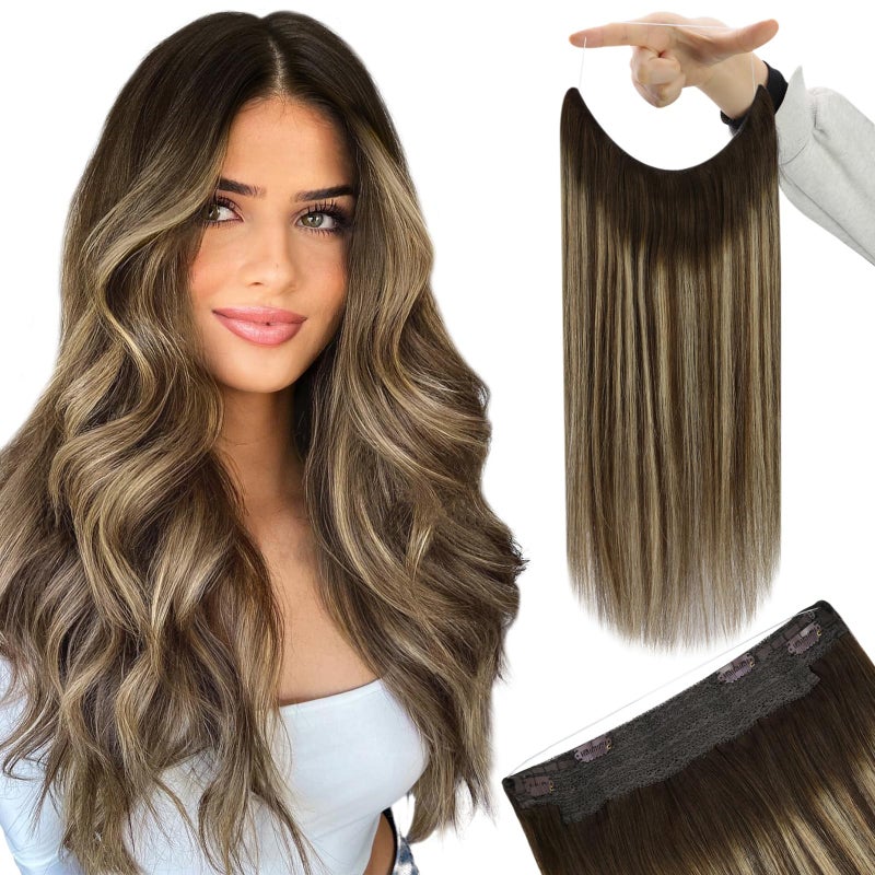 YoungSee Wire Hair Extensions Balayage Invisible Wire Hair Extensions Real Human Hair Chocolate Brown Mix Caramel Blonde Couture Hair Extension With Transparent Line 18In 85G - Image 1
