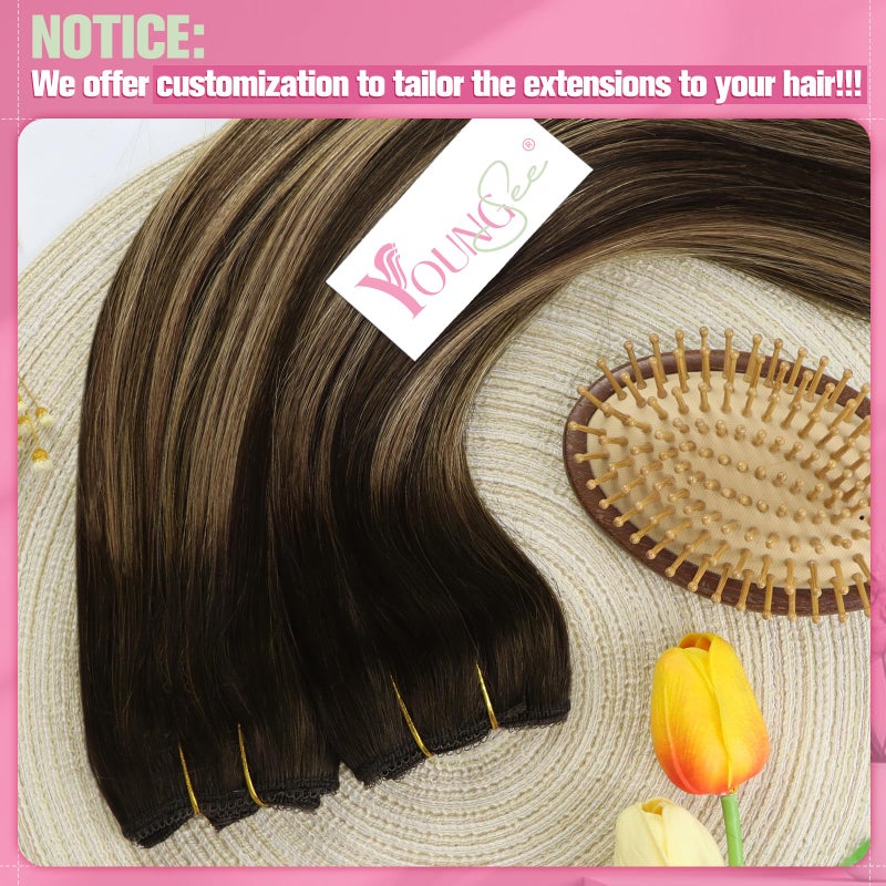 YoungSee Wire Hair Extensions Balayage Invisible Wire Hair Extensions Real Human Hair Chocolate Brown Mix Caramel Blonde Couture Hair Extension With Transparent Line 18In 85G - Image 5