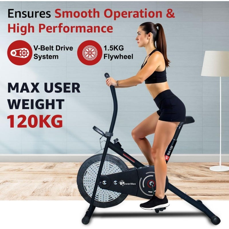 PowerMax Fitness Air Bike Exercise Cycle for Home-Gym Workout with 1.5kg Fly wheel, Non-Slip Pedals Fixed Handle Gym Bike for Max user 120kg, Belt Drive, one Pcs crank, Adjustable seat-Black - Image 4