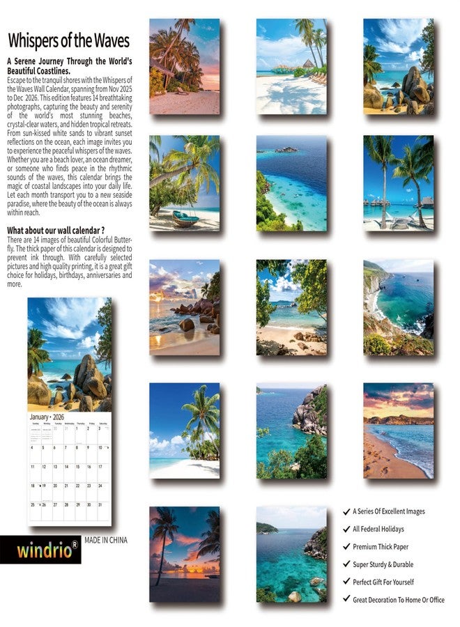 windrio 2026 Wall Calendar,Calendar 2026, November 2025 - December 2026, Wall Calendar Whispers of the Waves, 12" x 24" Opened,Full Page Months Thick & Sturdy Paper for Gift Perfect Calendar Organizing - Image 2