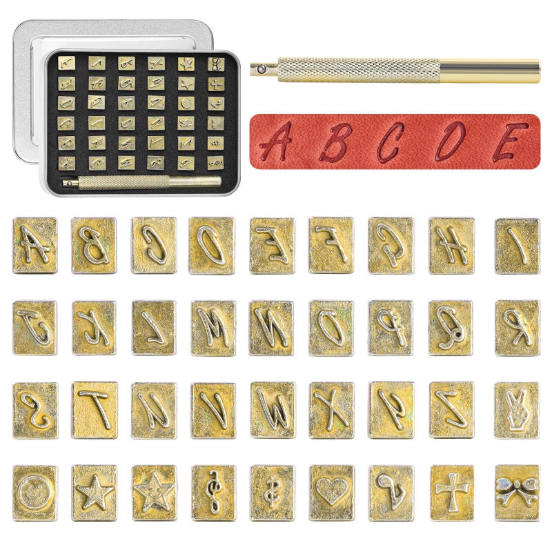 BESTNULE 37pcs 146mm Leather Stamping Tool Stamping Tool Set 26PCS Capital Letter 10pcs Symbols 1 Handle for Leather Craft
