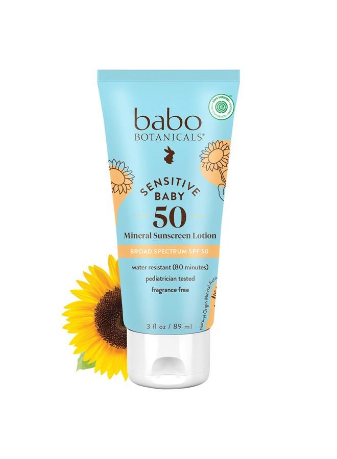 Babo Botanicals لوسيون واقي من الشمس للبشرة الحساسة للأطفال SPF 50 طيف واسع - مع 100% أكسيد الزنك النشط - خالي من العطور، مقاوم للماء، خفيف للغاية - 3 أونصة سائلة - Image 1