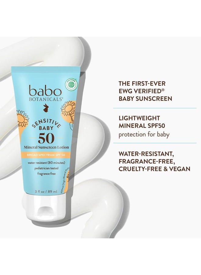 Babo Botanicals لوسيون واقي من الشمس للبشرة الحساسة للأطفال SPF 50 طيف واسع - مع 100% أكسيد الزنك النشط - خالي من العطور، مقاوم للماء، خفيف للغاية - 3 أونصة سائلة - Image 3