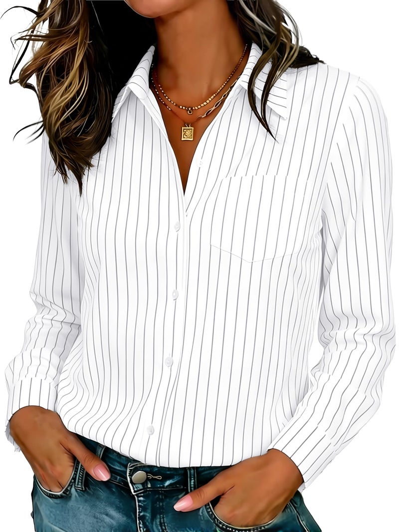 COUXILY Womens Striped Button Down Shirts Classic Fit Long Sleeve Collared Office Work Blouses Tops Wrinkle Free (White Pinstripe, M) - Image 1