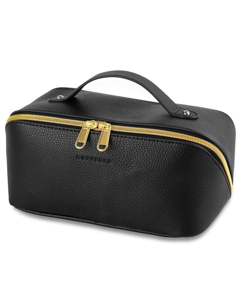 BATFIELD Cosmetic Bag for Women, Litchi PU Leather Makeup Pouch for Women, Large Capacity Cosmetic Travel Bag, Portable Makeup Kit Storage Bag with Handle and Divider, Makeup Organizer Bag (Black2) - Image 1
