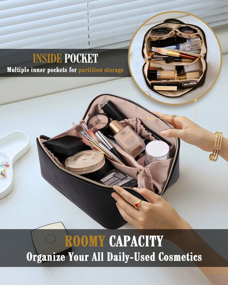 BATFIELD Cosmetic Bag for Women, Litchi PU Leather Makeup Pouch for Women, Large Capacity Cosmetic Travel Bag, Portable Makeup Kit Storage Bag with Handle and Divider, Makeup Organizer Bag (Black2) - Image 3