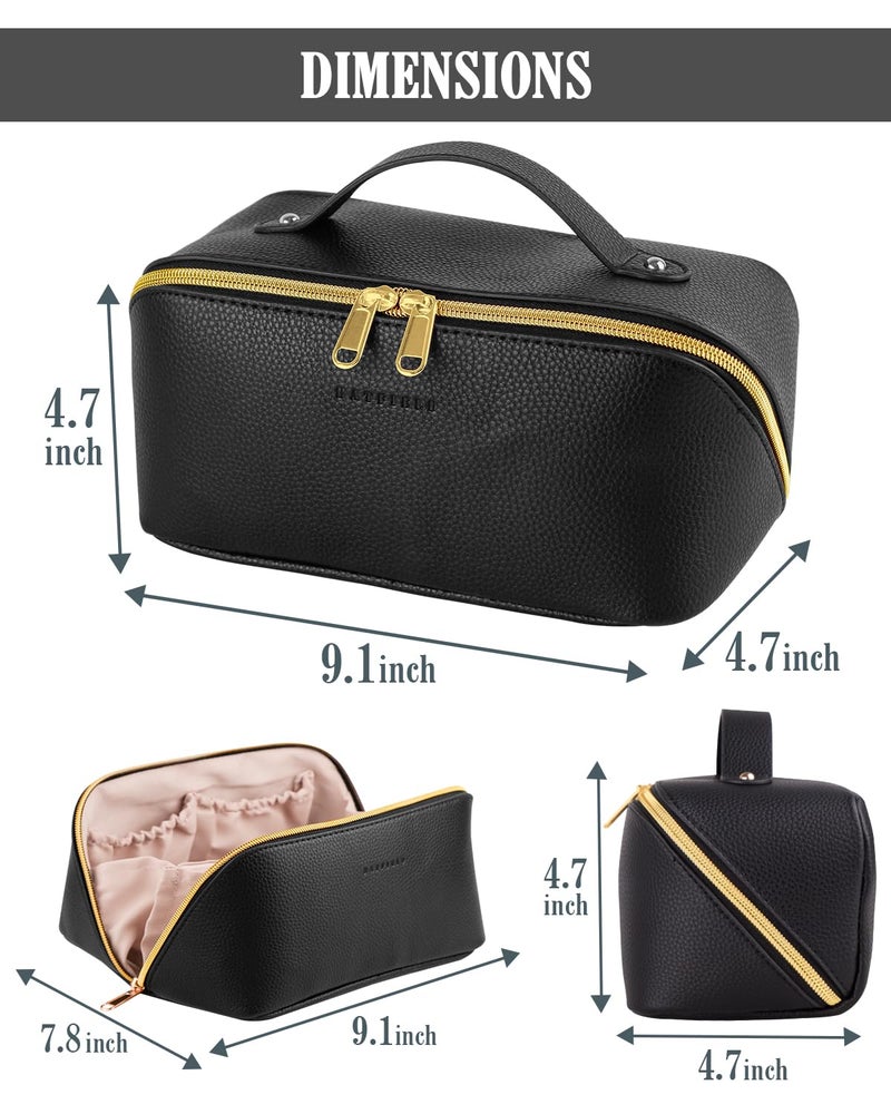 BATFIELD Cosmetic Bag for Women, Litchi PU Leather Makeup Pouch for Women, Large Capacity Cosmetic Travel Bag, Portable Makeup Kit Storage Bag with Handle and Divider, Makeup Organizer Bag (Black2) - Image 2