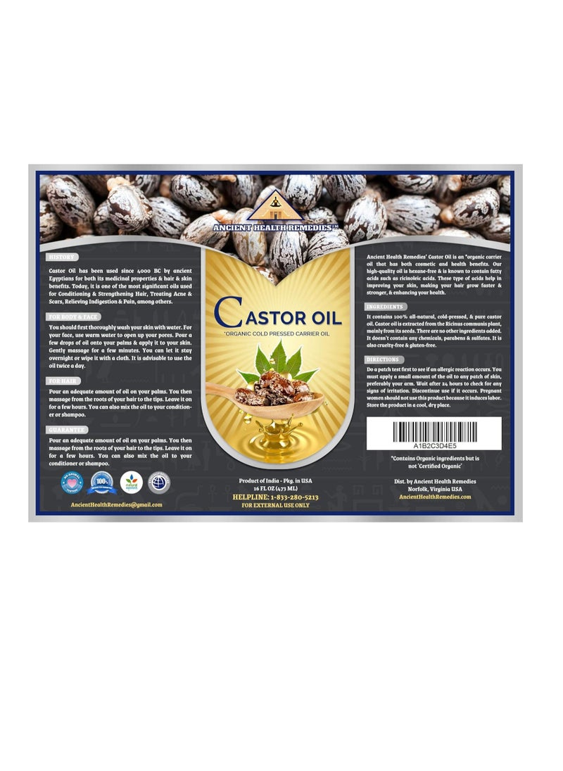 ancient health remedies - ANCIENT HEALTH REMEDIES Organic Castor Oil - Cold Pressed, Unrefined, Pure Carrier Oil for Hair Growth, Skin Moisturizing & Softening (16 oz) - Image 1