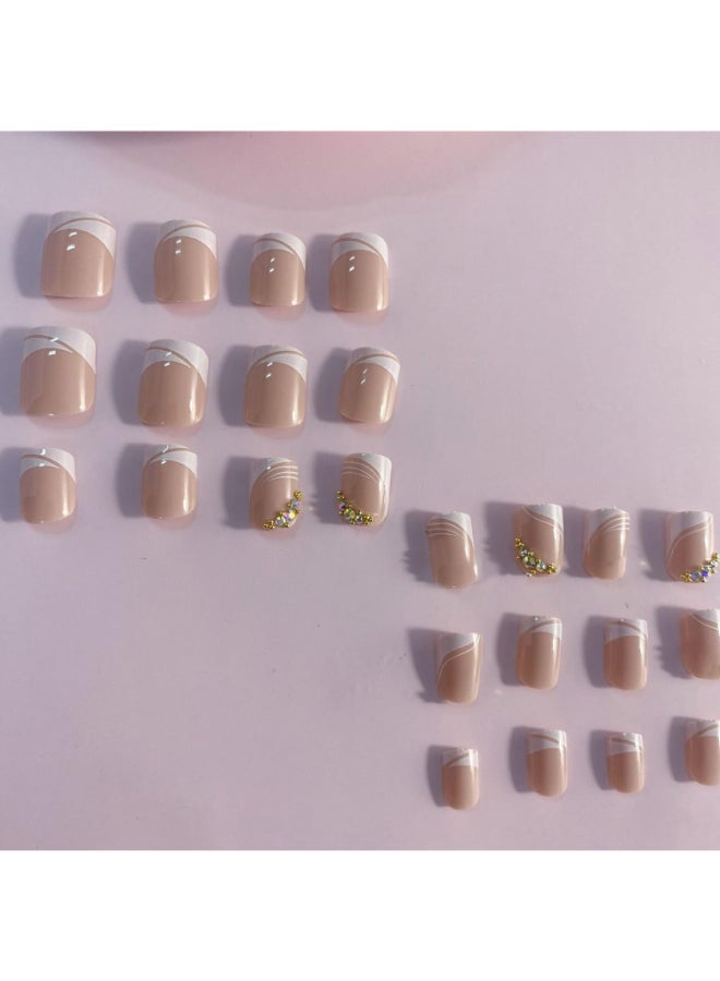 Onsdag 24Pcs Glossy White Press on Nails Square Short Full Cover French Tips Artificial Fake Nails with Rhinestone Designs Acrylic Coffin False Nails with Glue Stick on Nails for Women Girls - Image 4