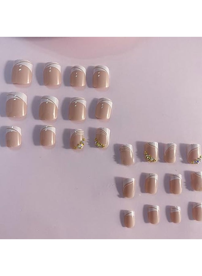 Onsdag 24Pcs Glossy White Press on Nails Square Short Full Cover French Tips Artificial Fake Nails with Rhinestone Designs Acrylic Coffin False Nails with Glue Stick on Nails for Women Girls - Image 3