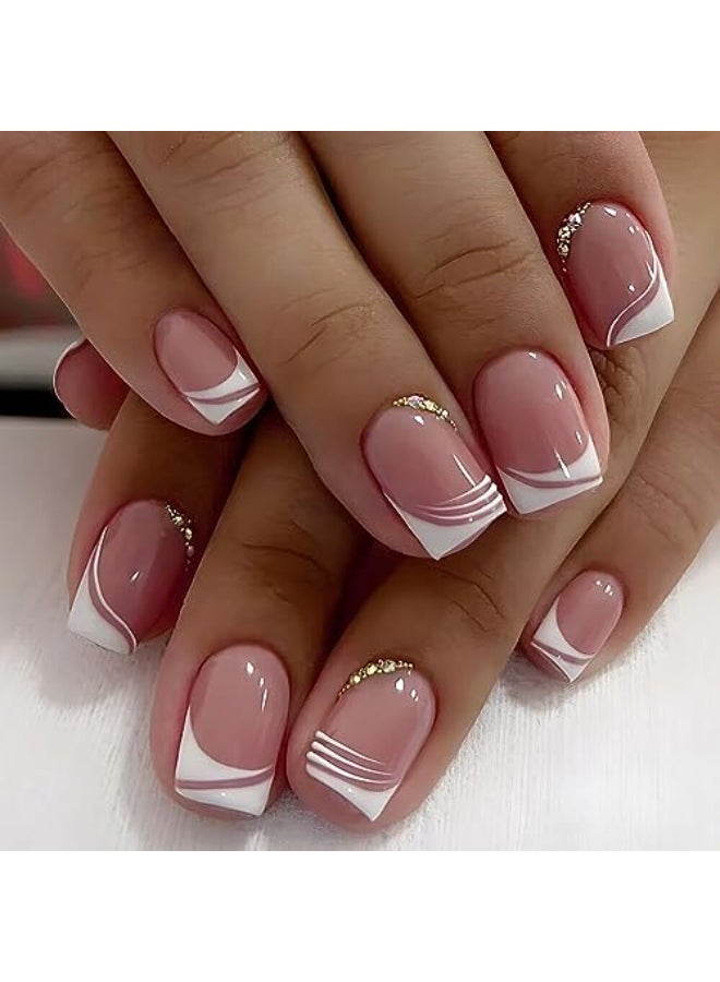 Onsdag 24Pcs Glossy White Press on Nails Square Short Full Cover French Tips Artificial Fake Nails with Rhinestone Designs Acrylic Coffin False Nails with Glue Stick on Nails for Women Girls - Image 1