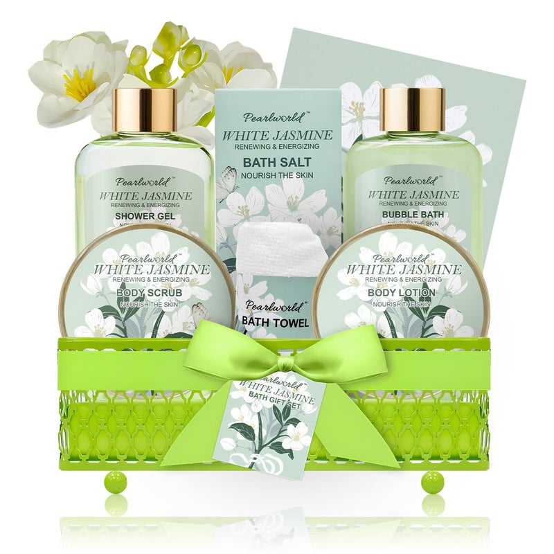 PEARLWORLD Bath Gift Baskets for Women 9pc Jasmine Spa Gifts Set for Women Self Care Body Relaxing Birthday Gift Basket Mothers Day Gifts Christmas Anniversary Bath Gift Set - Image 1