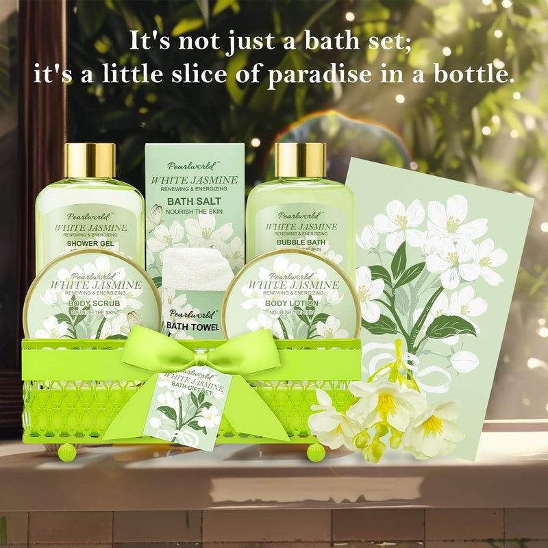 PEARLWORLD Bath Gift Baskets for Women 9pc Jasmine Spa Gifts Set for Women Self Care Body Relaxing Birthday Gift Basket Mothers Day Gifts Christmas Anniversary Bath Gift Set - Image 5
