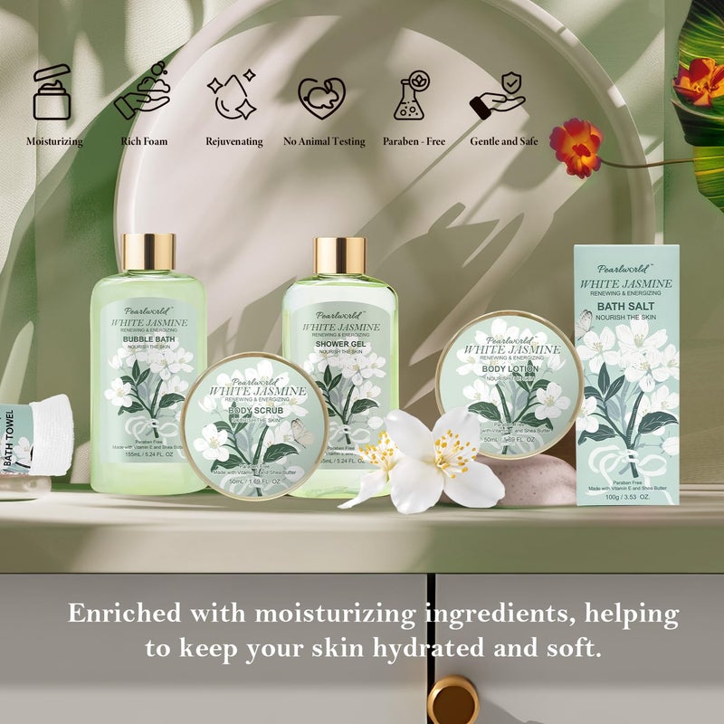 PEARLWORLD Bath Gift Baskets for Women 9pc Jasmine Spa Gifts Set for Women Self Care Body Relaxing Birthday Gift Basket Mothers Day Gifts Christmas Anniversary Bath Gift Set - Image 3