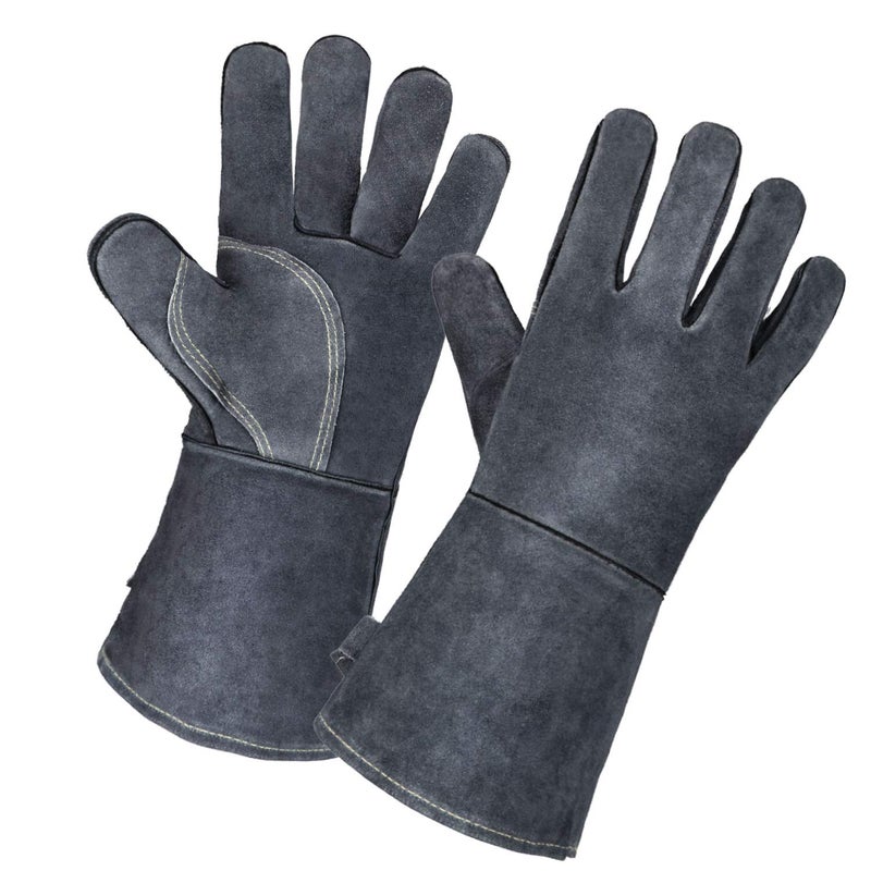 OZERO 932 Leather Forge Welding Gloves 14inch Heat Resistant Grill BBQ Glove with Flame Retardant Long Sleeve and Insulated Lining for Men and Women Gray