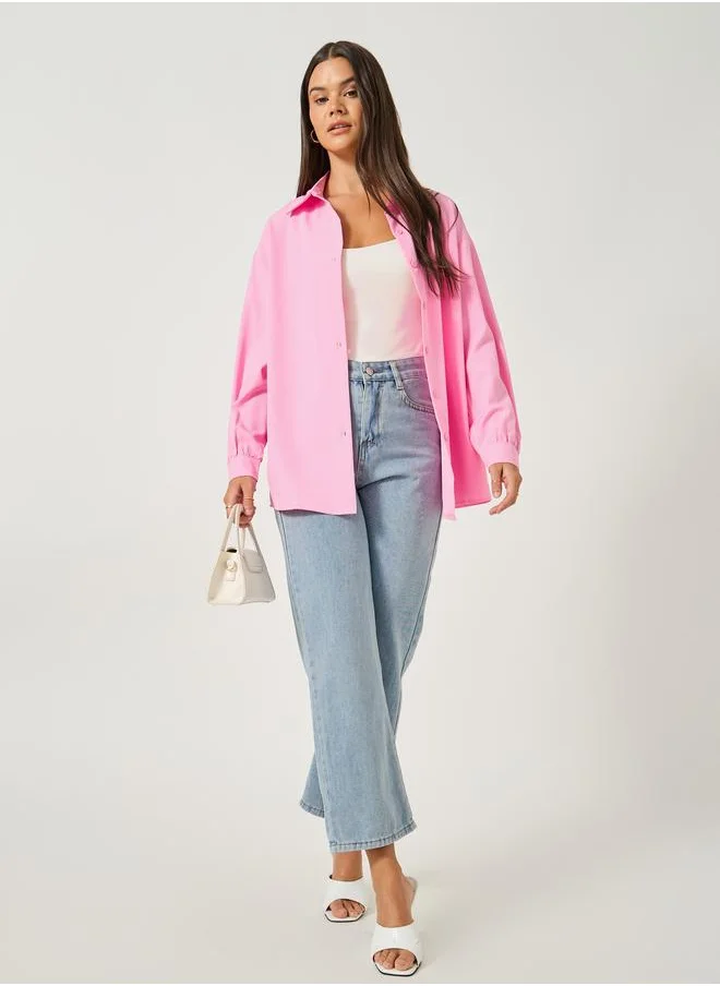 تايك تو Take Two Solid Button Front Long Sleeve Shirt