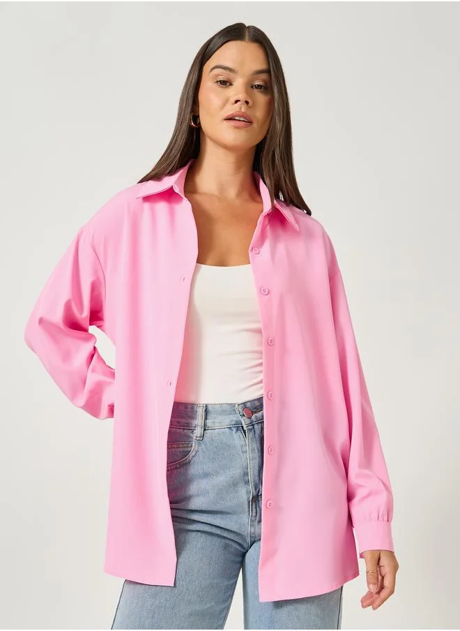 تايك تو Take Two Solid Button Front Long Sleeve Shirt
