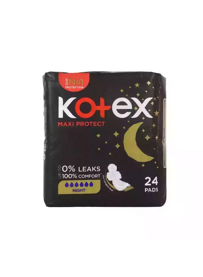 Kotex فوط كوتيكس ماكسي بروتكت الليلية، فوط صحية للحماية الليلية مع أجنحة - 24 فوطة - Image 1