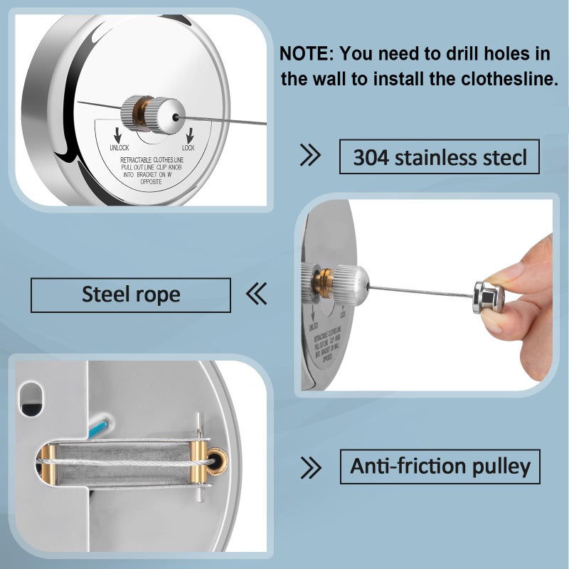 Clatoon Retractable Clothesline 9.0 Feets, 304 Stainless Steel Clothes Line Dryer with Heavy Duty Adjustable Stainless Steel Rope String for Hanging Drying Bathroom, Laundry, Hotel, Indoor & Outdoor - Image 2