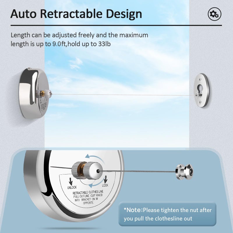 Clatoon Retractable Clothesline 9.0 Feets, 304 Stainless Steel Clothes Line Dryer with Heavy Duty Adjustable Stainless Steel Rope String for Hanging Drying Bathroom, Laundry, Hotel, Indoor & Outdoor - Image 4