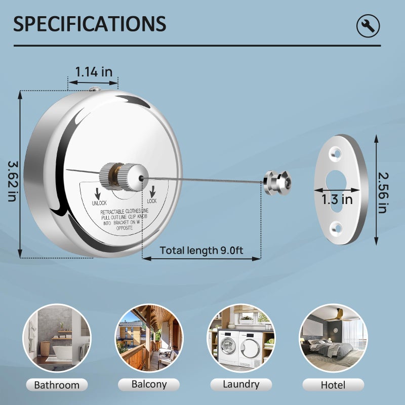 Clatoon Retractable Clothesline 9.0 Feets, 304 Stainless Steel Clothes Line Dryer with Heavy Duty Adjustable Stainless Steel Rope String for Hanging Drying Bathroom, Laundry, Hotel, Indoor & Outdoor - Image 5