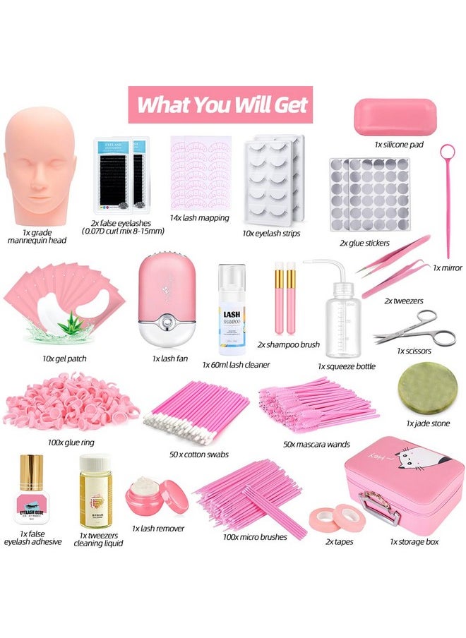 DNSGOOR - Lash Extension Kit Professional Eyelash Grafting Training Tools Mannequin Head Usb Fan Lash Shampoo 0.07D Curl Mix 815Mm Glue Practice Eyelash Strips Lash Mapping,Exercise Set For Beginner - Image 1