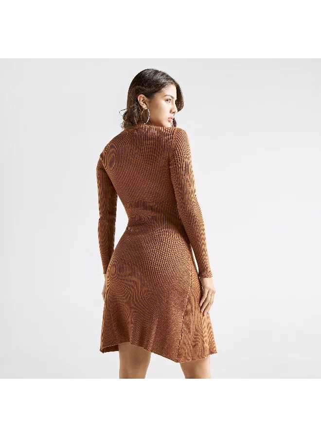 Splash FAV Ribbed A-line Dress with Crew Neck and Long Sleeves