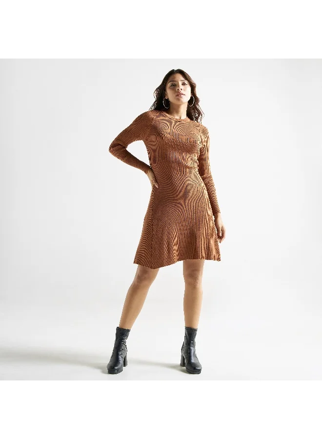 Splash FAV Ribbed A-line Dress with Crew Neck and Long Sleeves