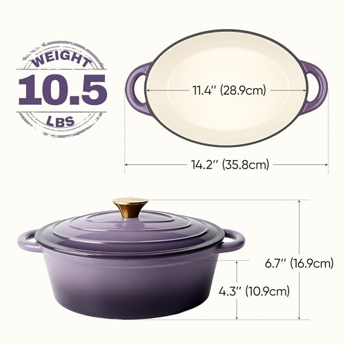 Kerilyn Oval Dutch Oven for Bread Baking, 4.5 Quart Non Stick Enameled Cast Iron Dutch Oven Pot with Lid, Oven Safe Oval Casserole with Lid up to 500°F for Baking, Braising, Stews, Roasting, Purple - Image 3