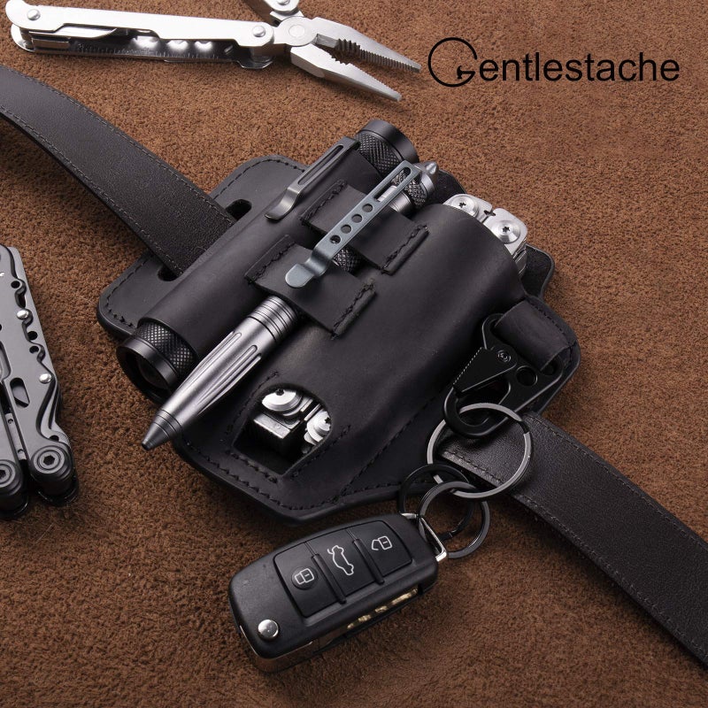 Gentlestache Belt Sheath, Practical EDC Leather Belt Organizer with Multitool Pouch, Flashlight/Pen Holder and Keychain Clip for Men Black - Image 4