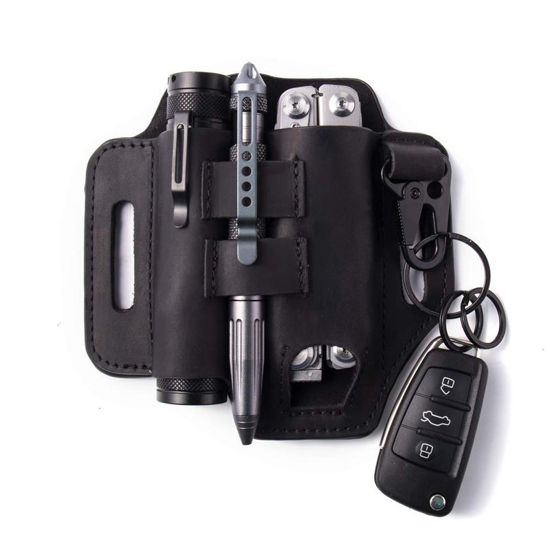 Gentlestache Belt Sheath, Practical EDC Leather Belt Organizer with Multitool Pouch, Flashlight/Pen Holder and Keychain Clip for Men Black - Image 1